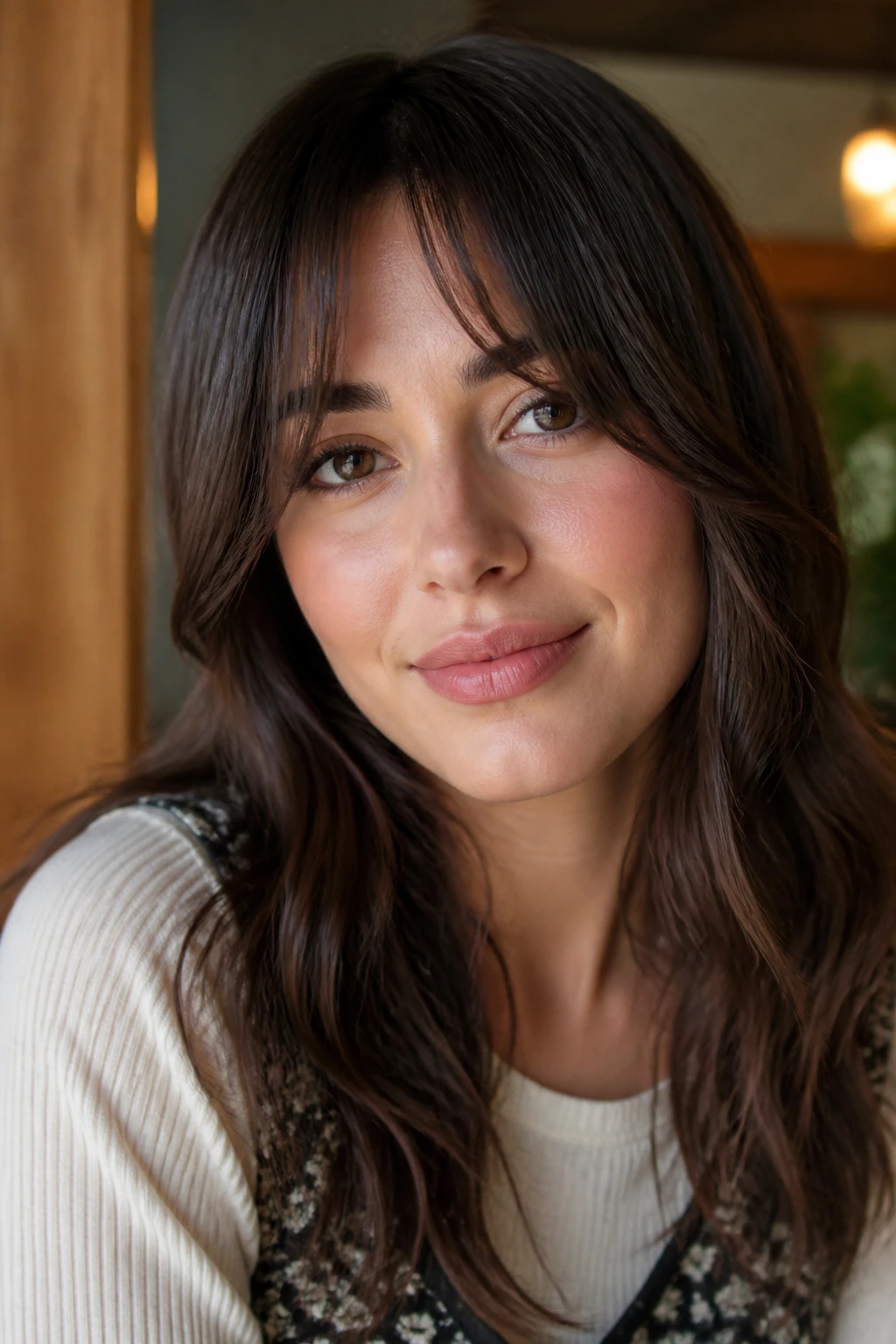 Portrait showing soft bottleneck fringe framing the face