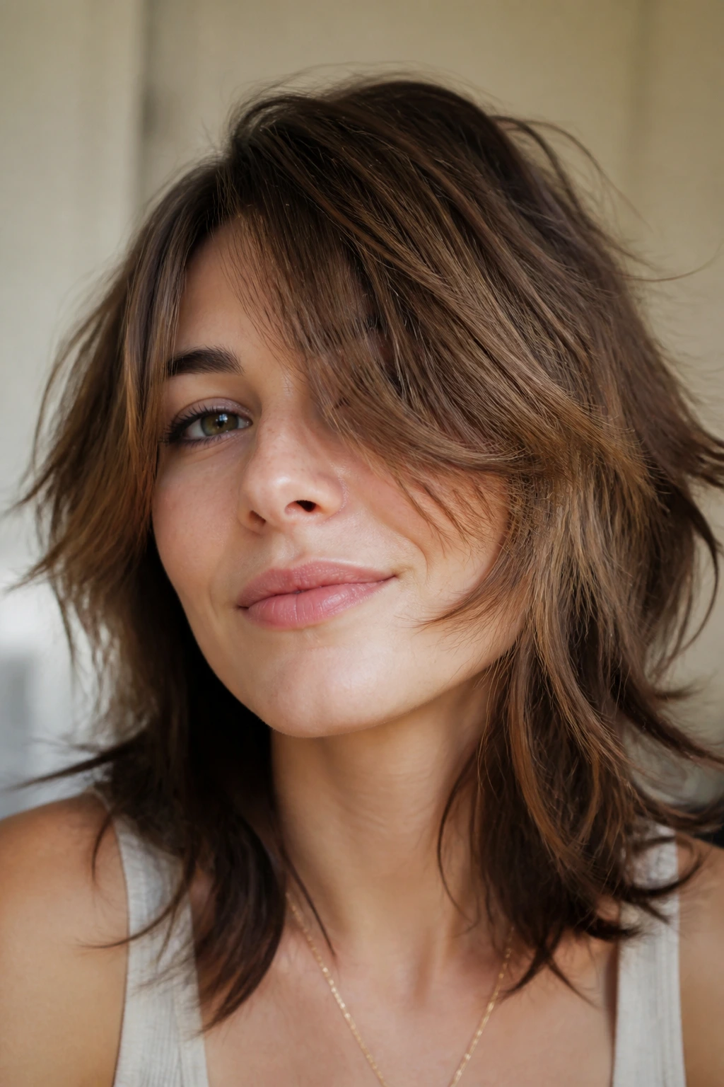 Person with varied side-swept fringe styling showing texture