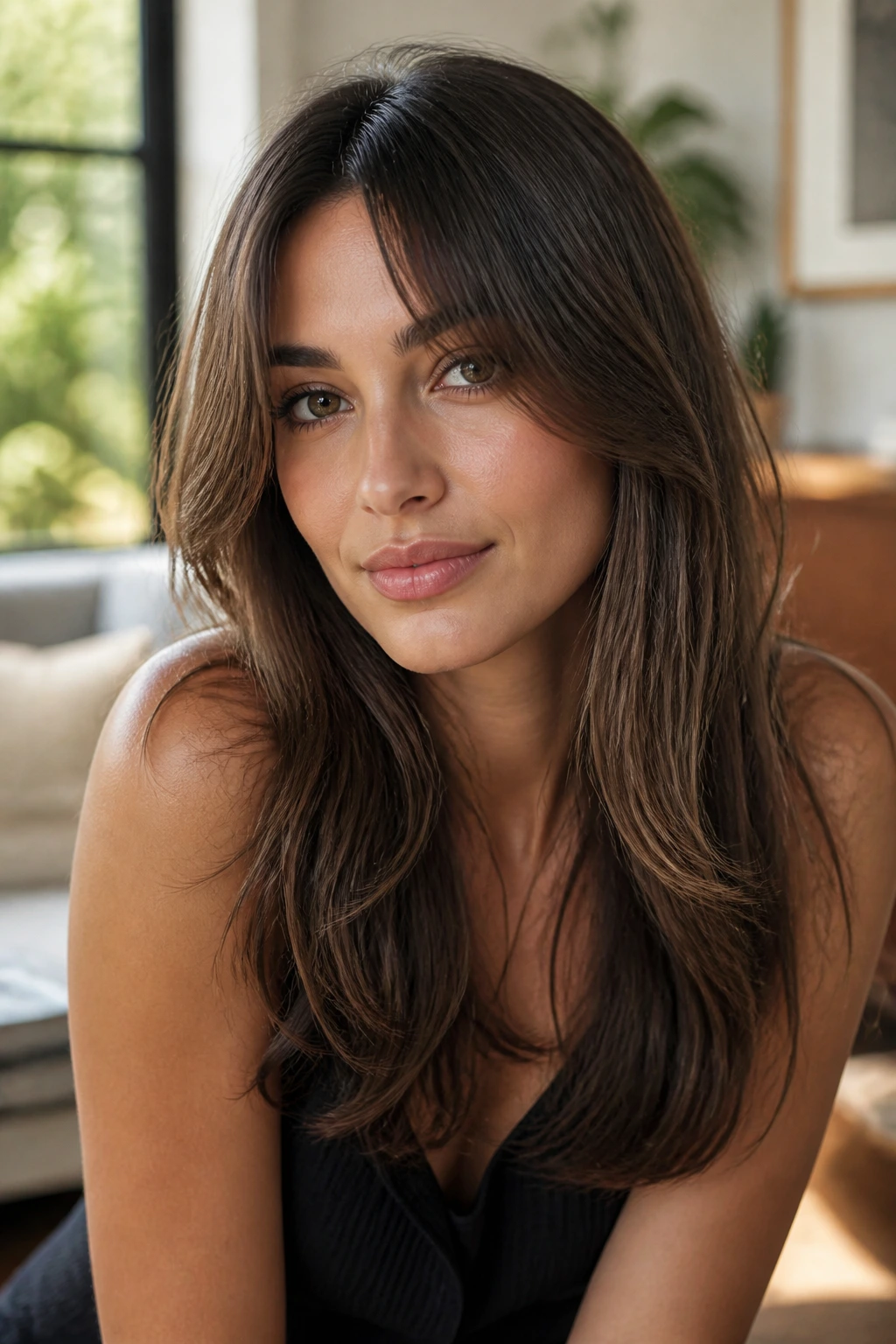 Portrait of a real woman showcasing curtain bangs as a variation for grow-out