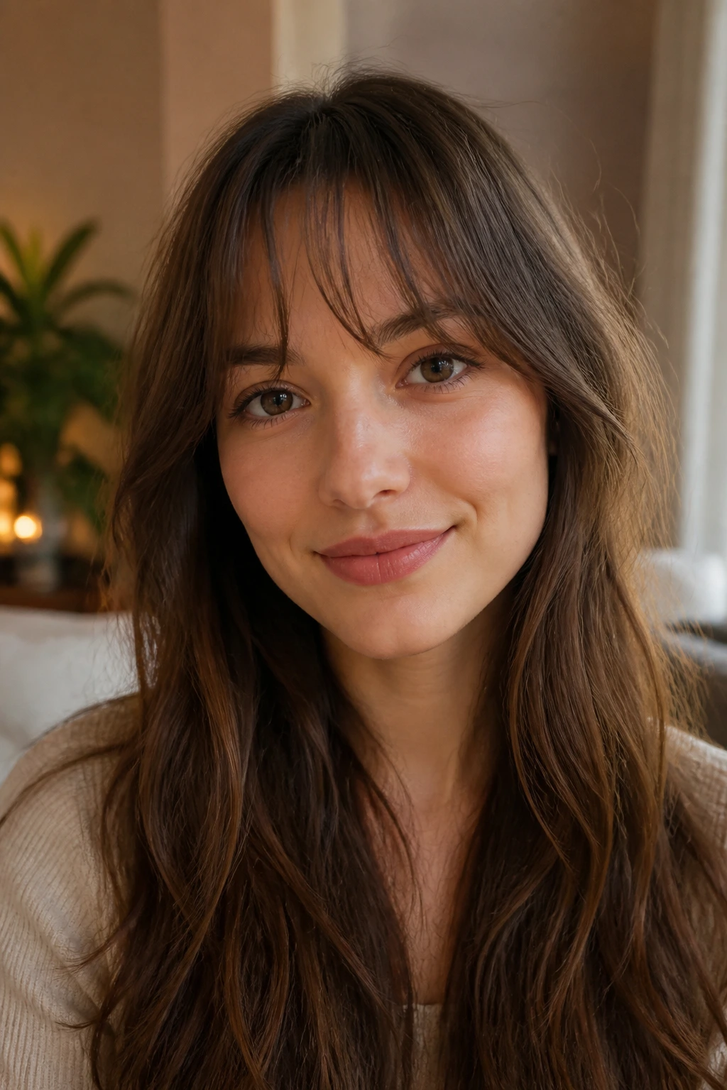 Portrait of a real woman with a sparse airy fringe and soft center opening