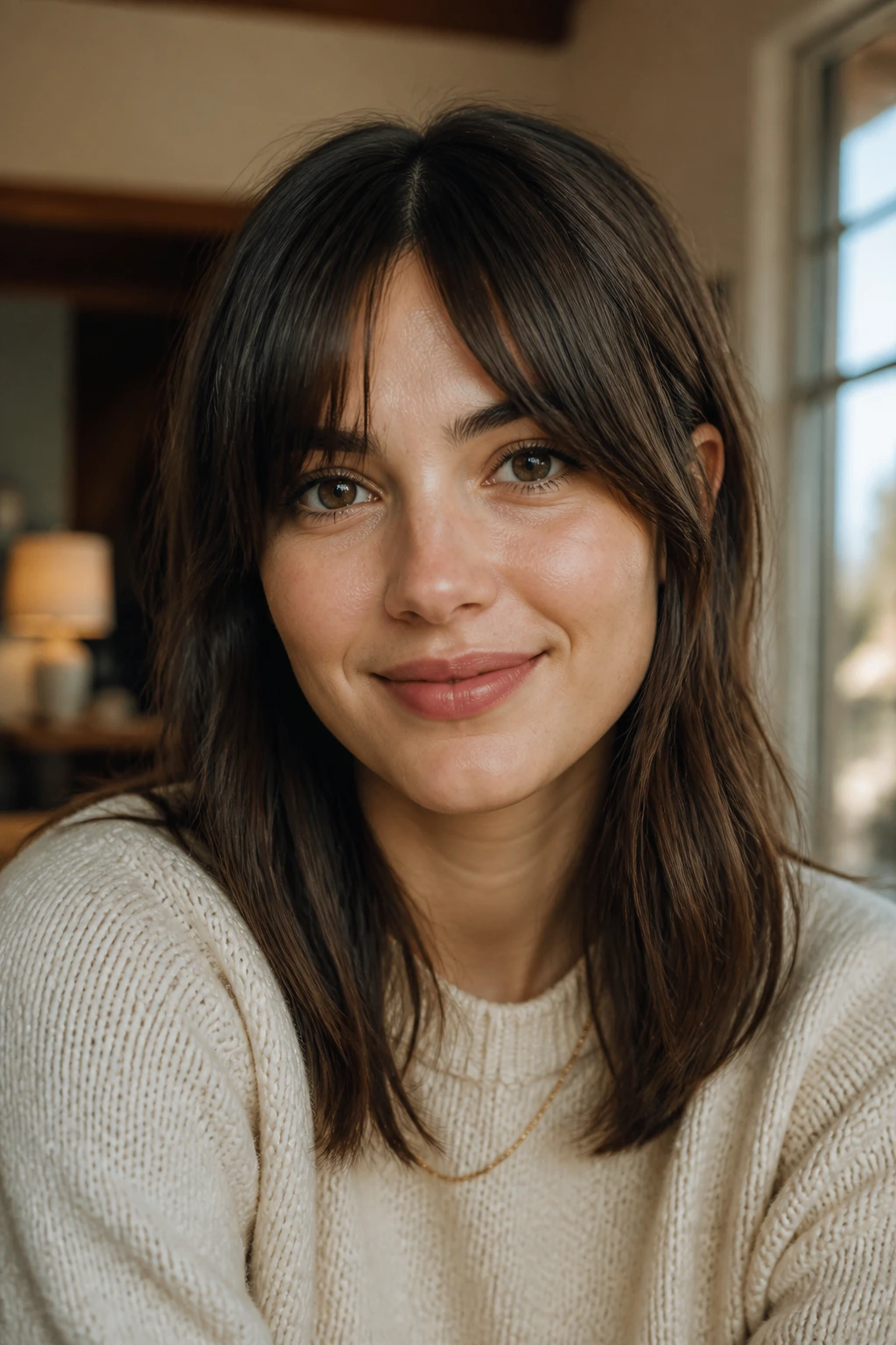 Close-up of a real person with longer center fringe and side split for coverage