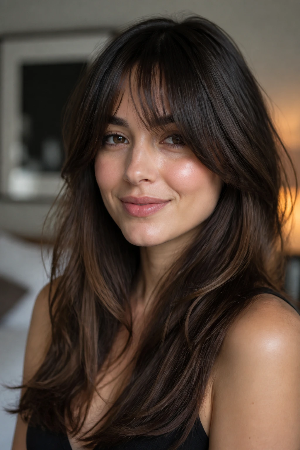 Close-up of a woman with curtain fringe demonstrating fringe variation