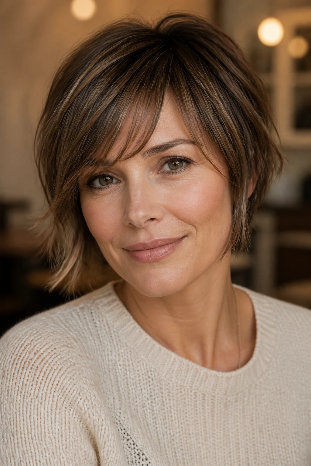 Portrait of a real person with a side-swept fringe variation suited to a round face.