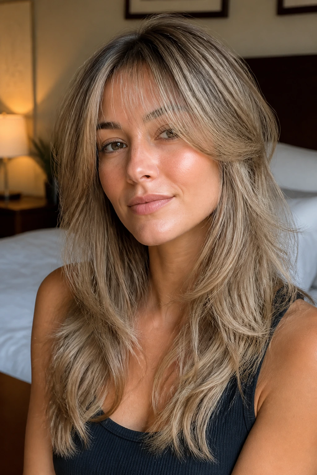 Real woman with versatile fringe and layered bangs in a warm bedroom setting