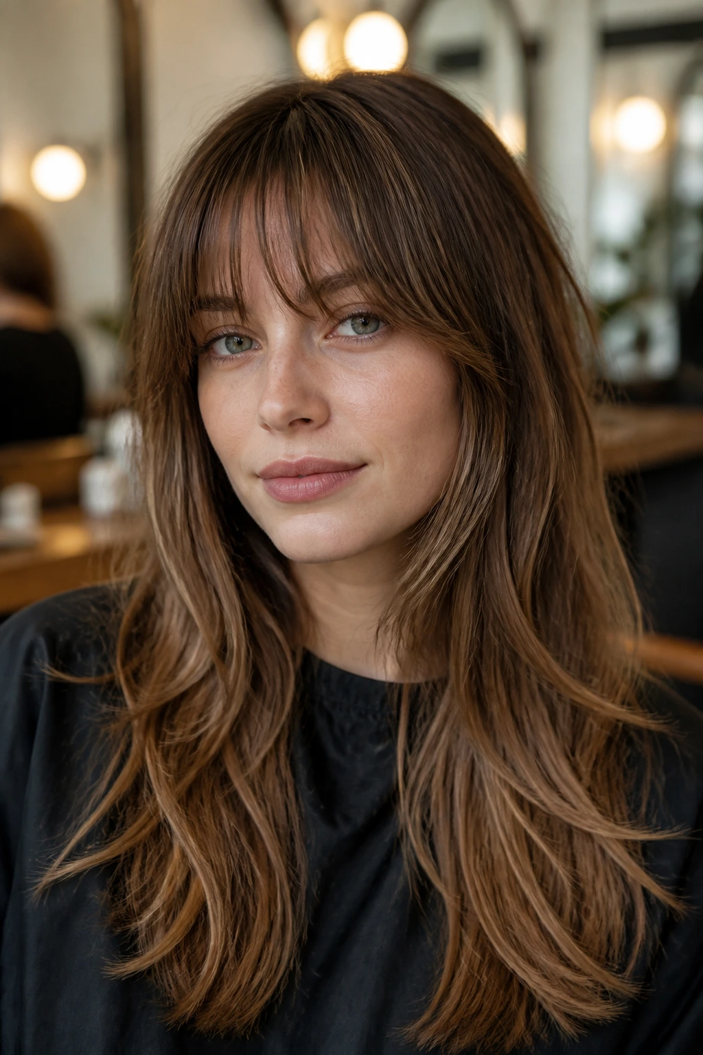 Portrait of a woman showcasing a textured front fringe in a salon setting