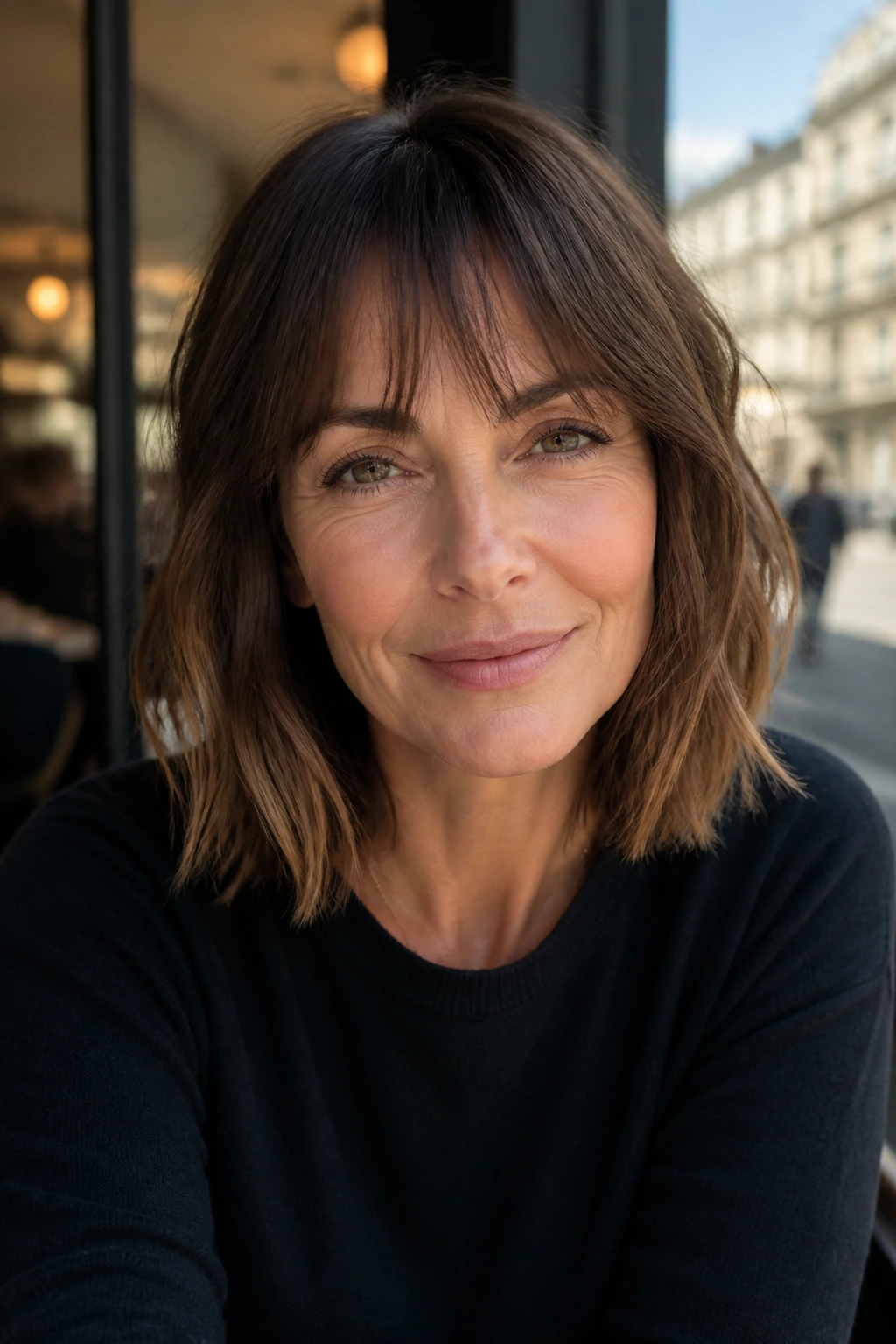 Close-up of a real woman with wispy fringe on a French-girl lob