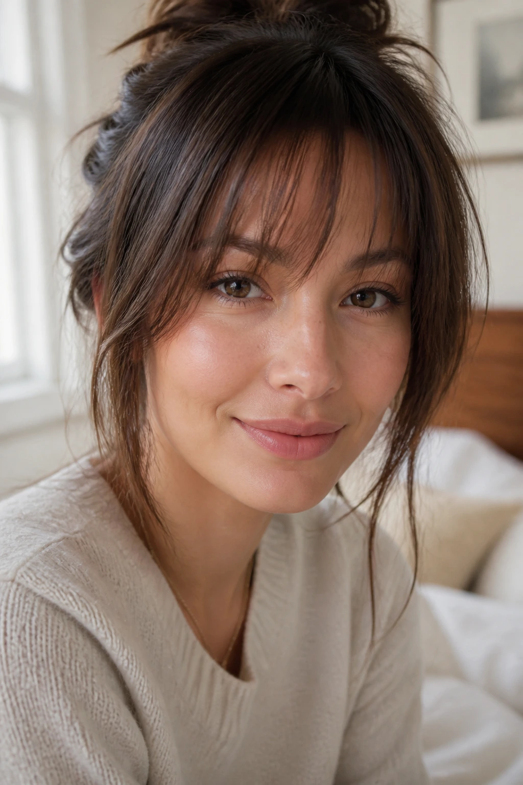 Close-up portrait of a real woman with soft wispy fringe framing the forehead in natural light