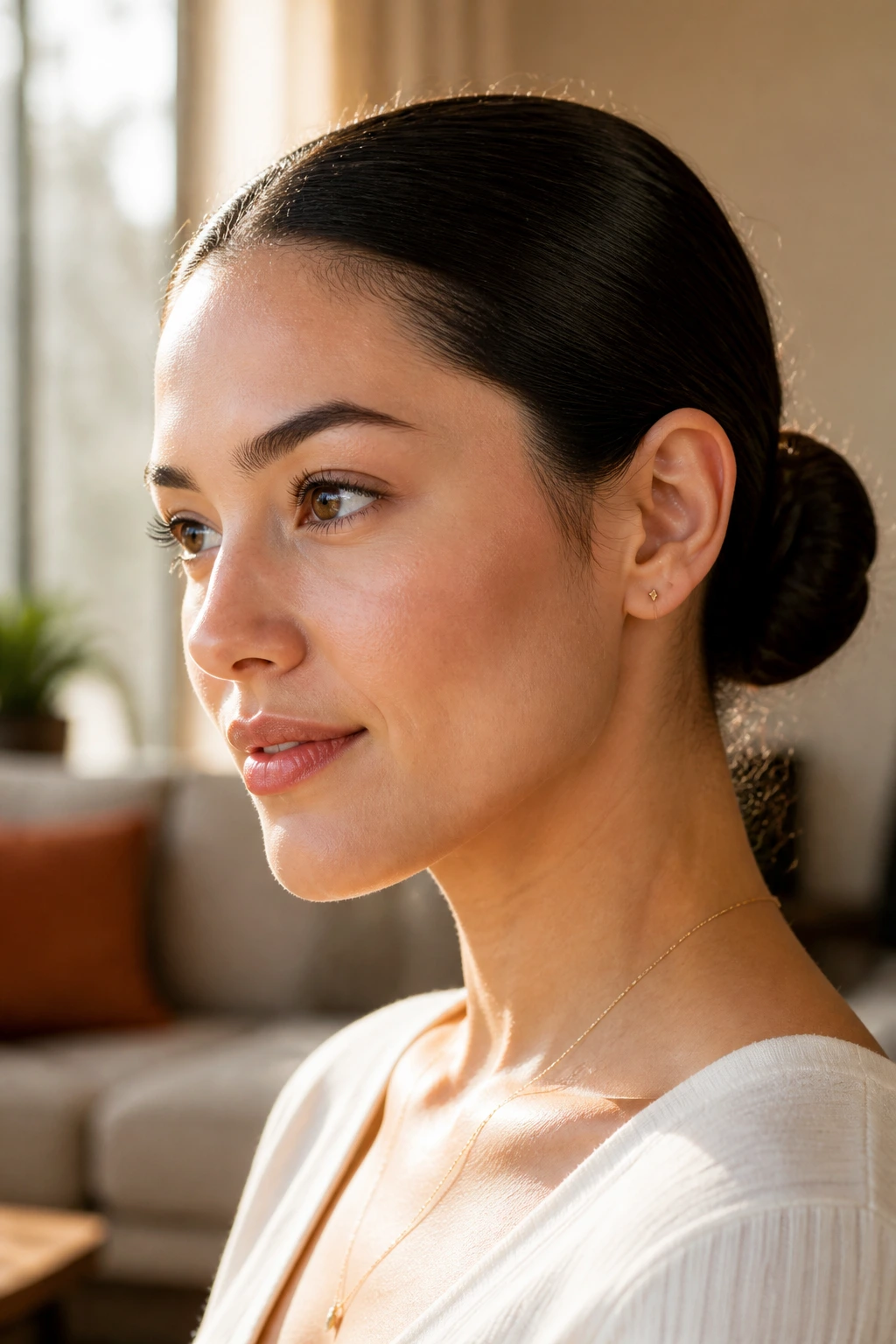 Portrait of a woman with a neat low bun showing smooth edges to tame frizz.