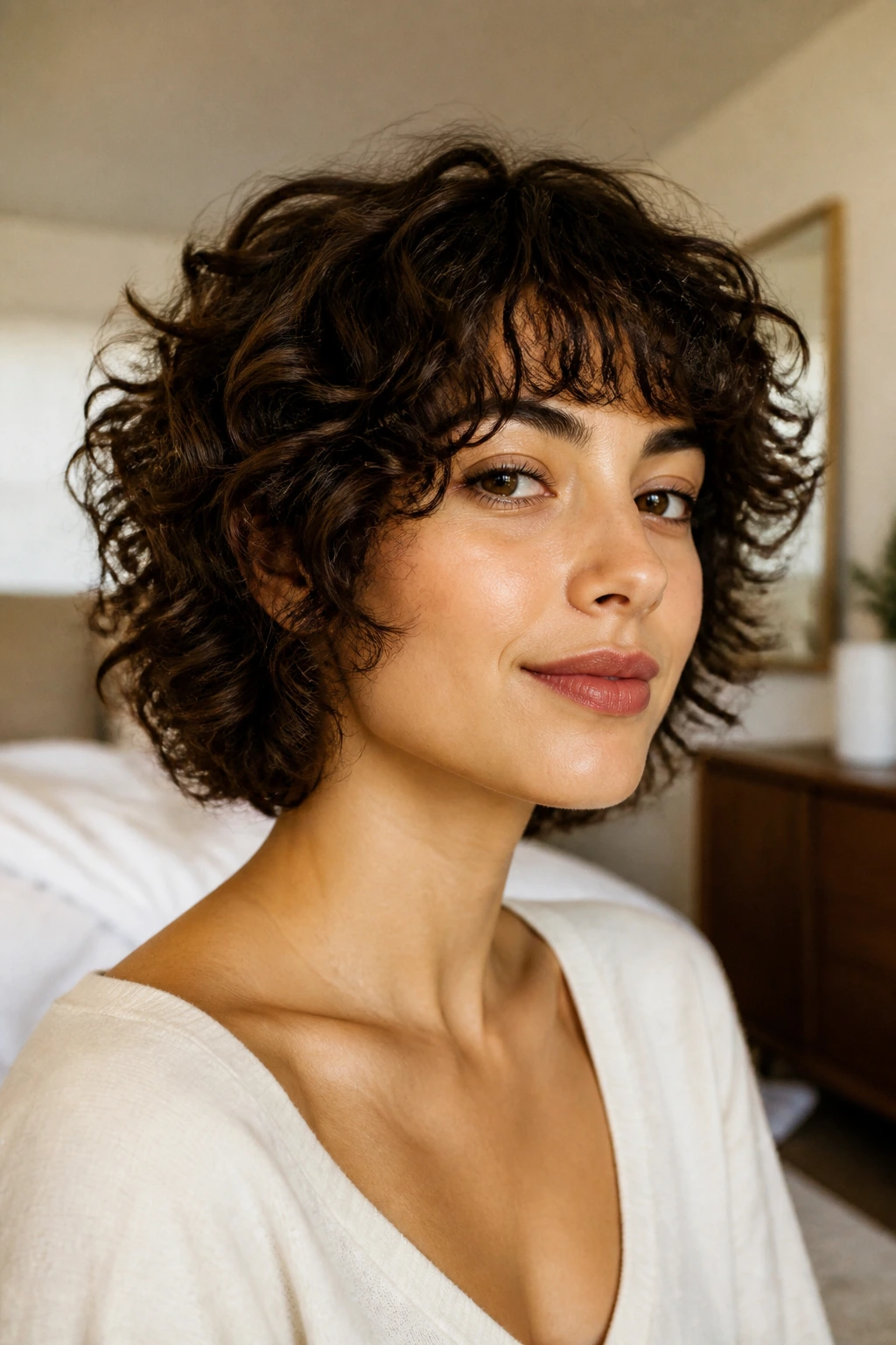 Real woman with defined curls and minimal frizz in a cozy bedroom