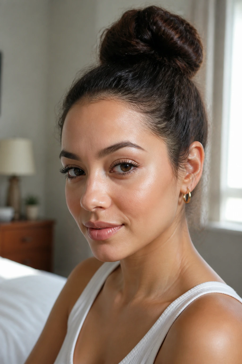 Close-up of a real woman with frizz-tamed hair in a softly lit bedroom