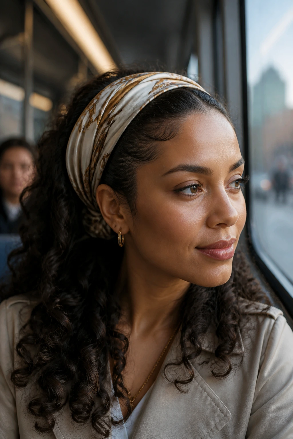 Real woman with smooth crown and satin scarf during commute