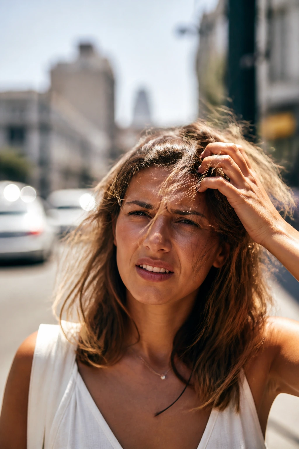 Close-up of a real woman with frizzy hair and flyaways in bright sun.