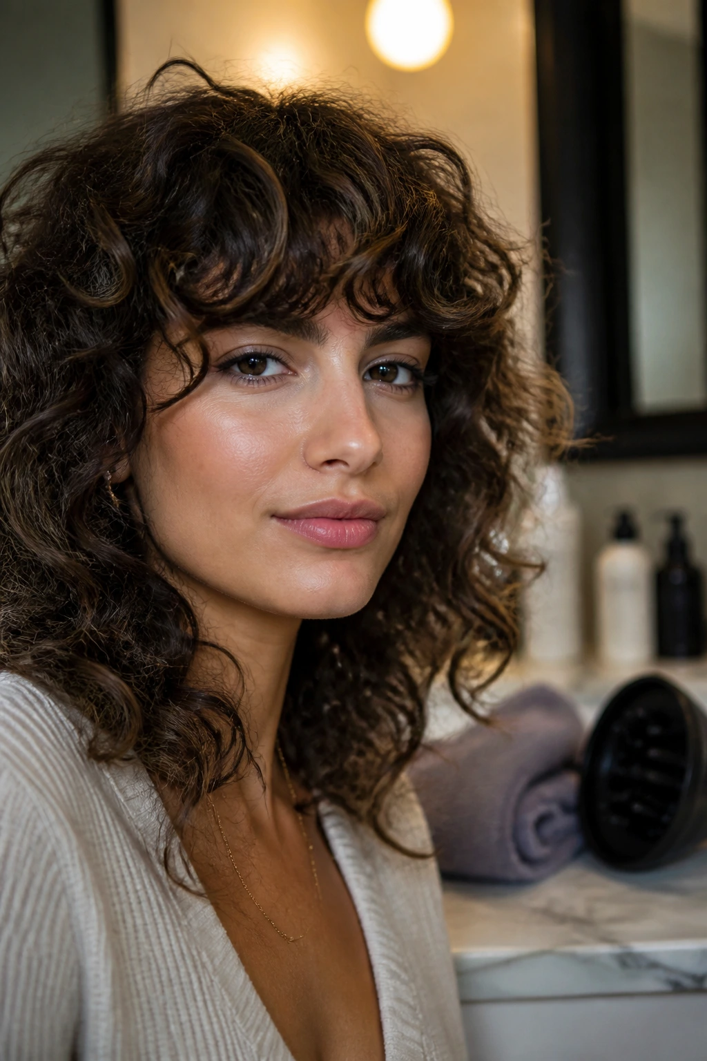 Close-up of a real person with smooth fringe, with background hints of hair tools.
