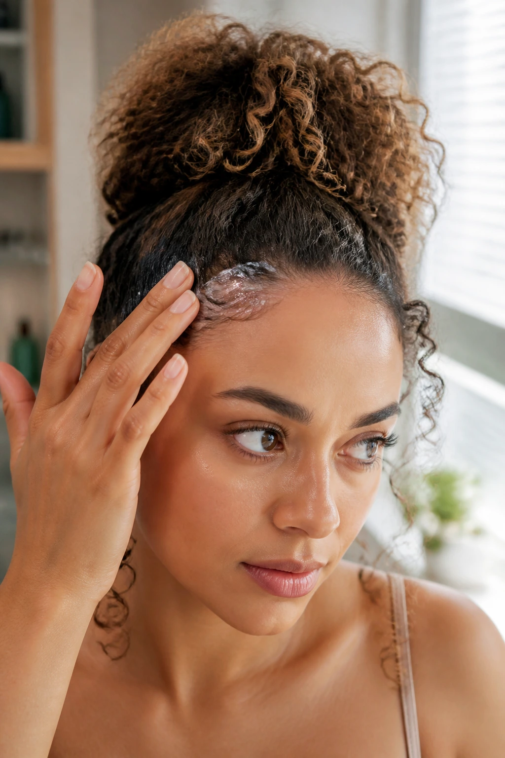 Close-up of curly hair with gel applied at the hairline for hold