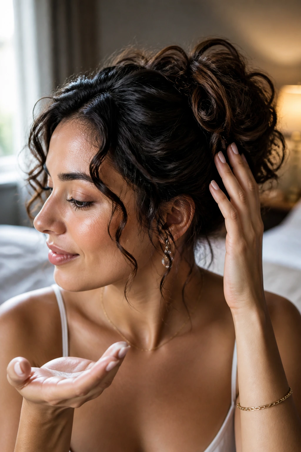 Close-up of a real woman with a polished curly updo being finished with serum in warm window light