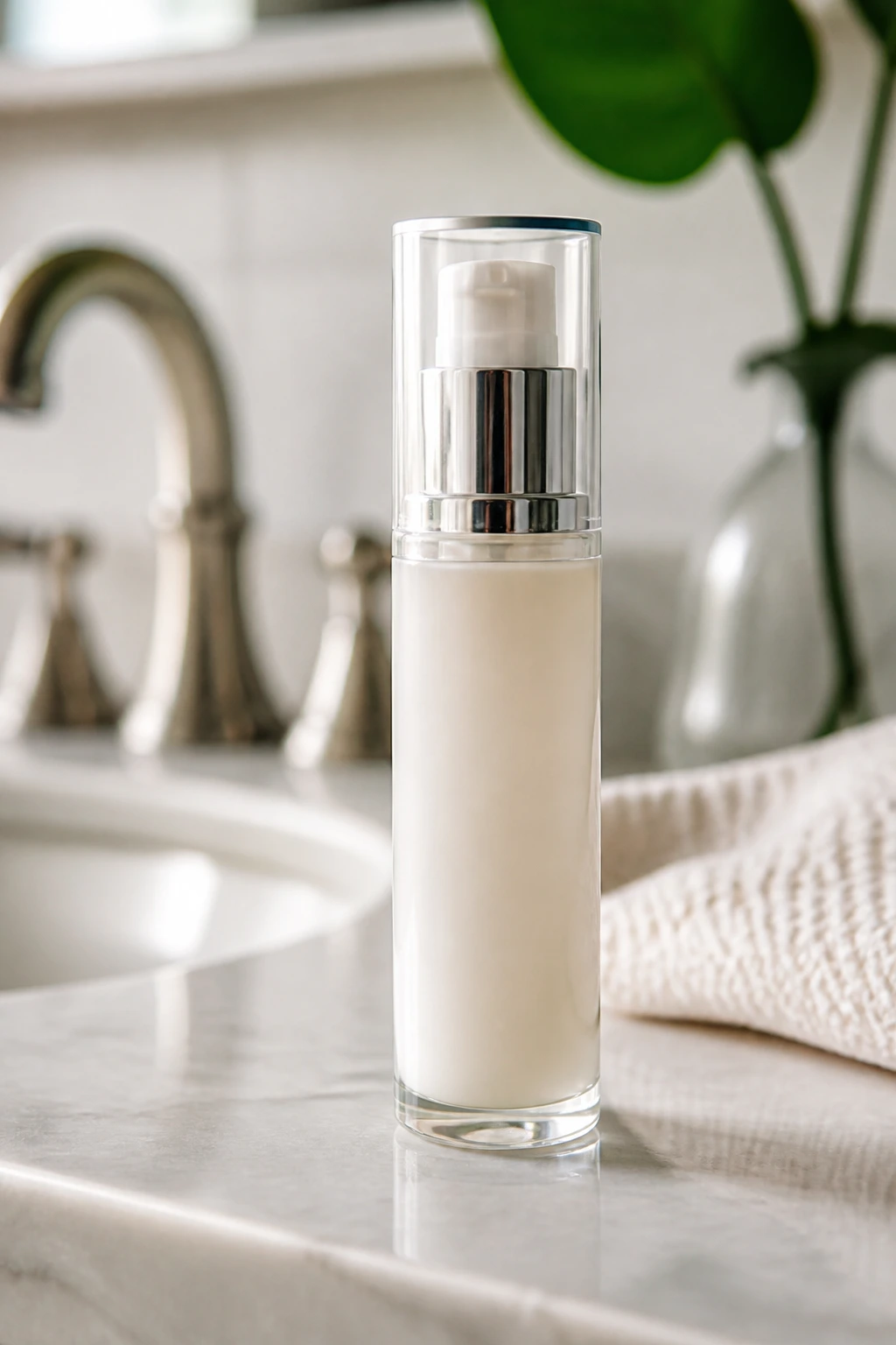 Small smoothing product bottle on bathroom counter for frizz control.