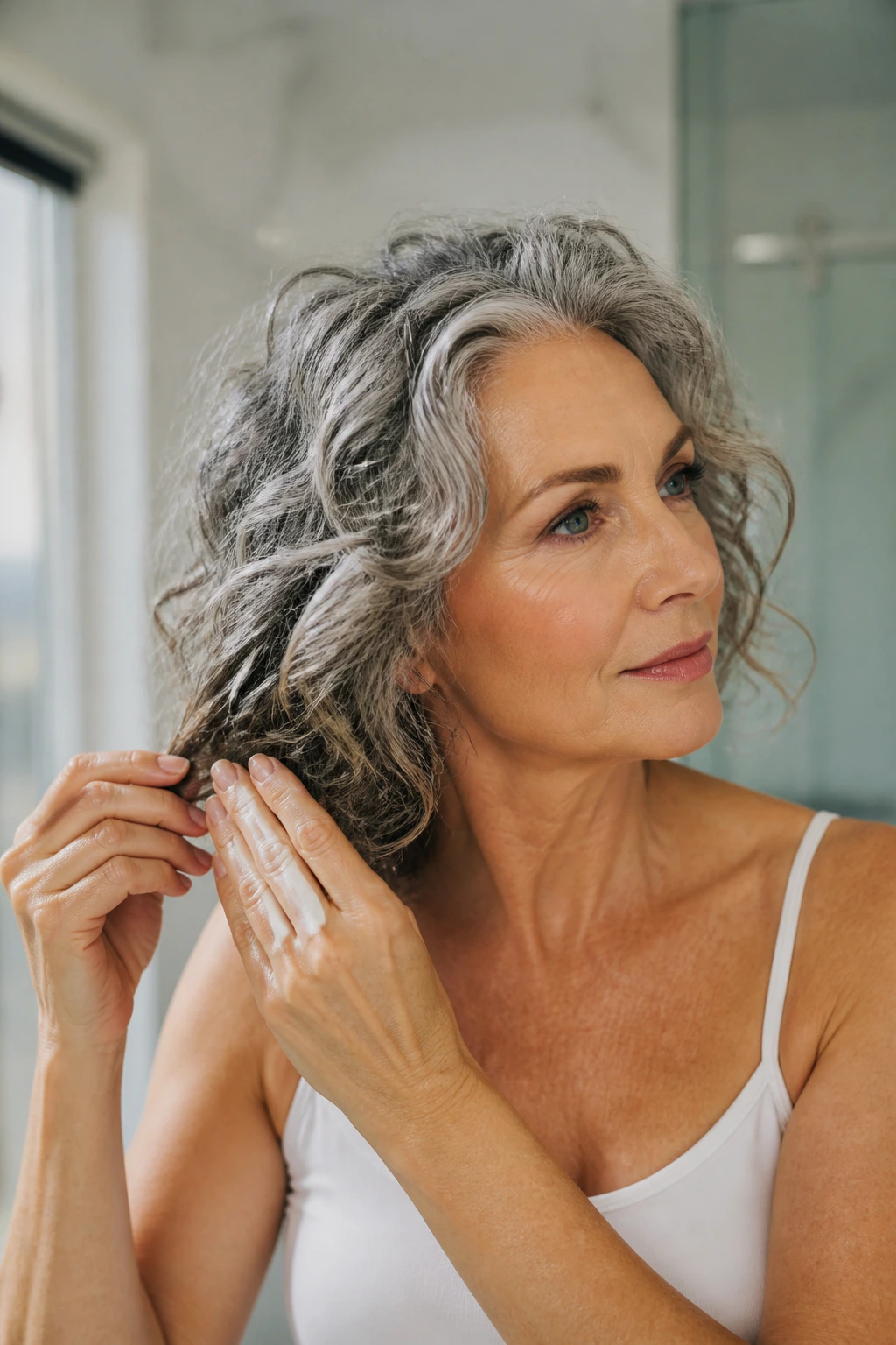 Real woman applying styling product to frizz-prone hair in a bathroom with natural light