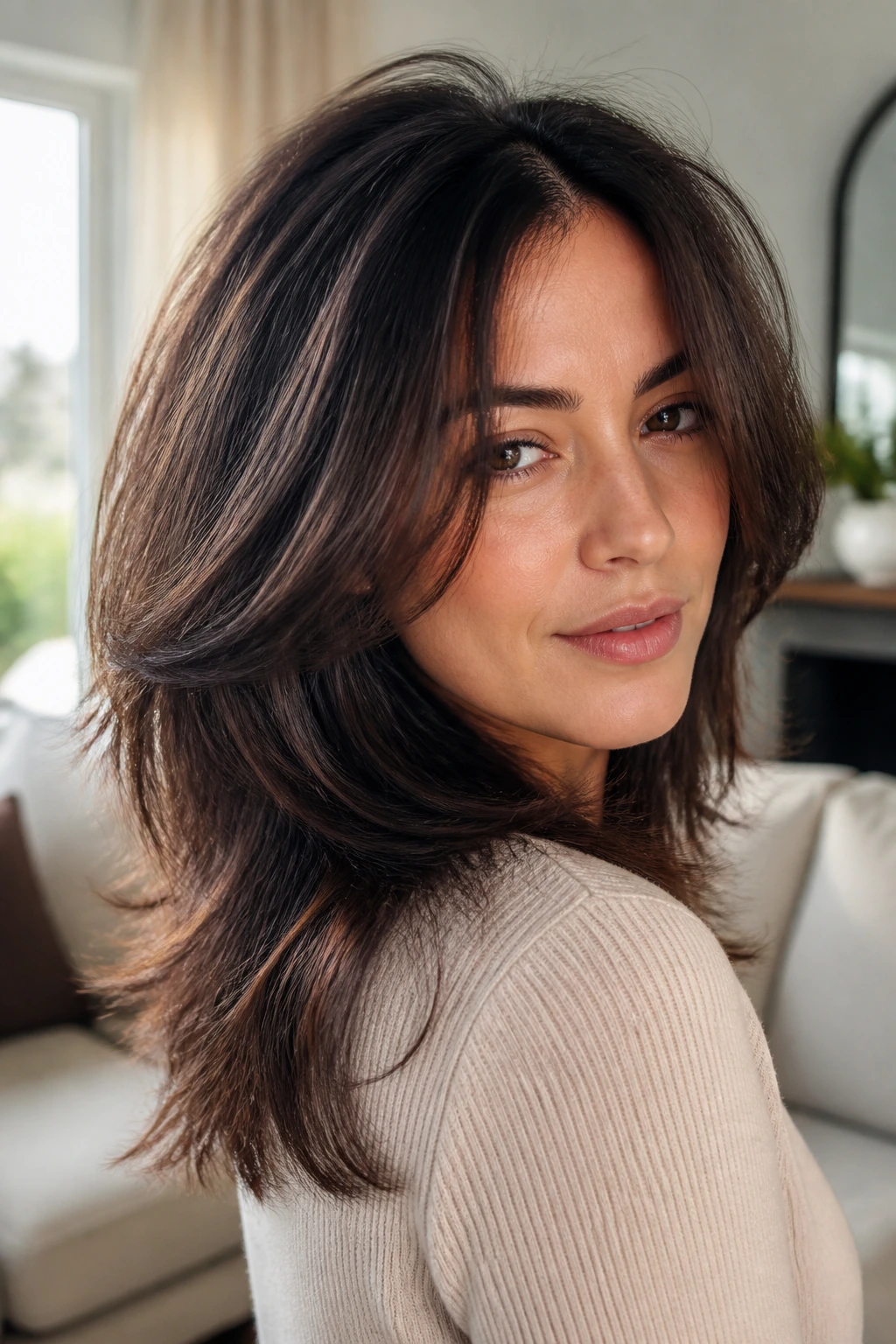 Close-up of a real woman with frizz-friendly textured blowout and lifted crown