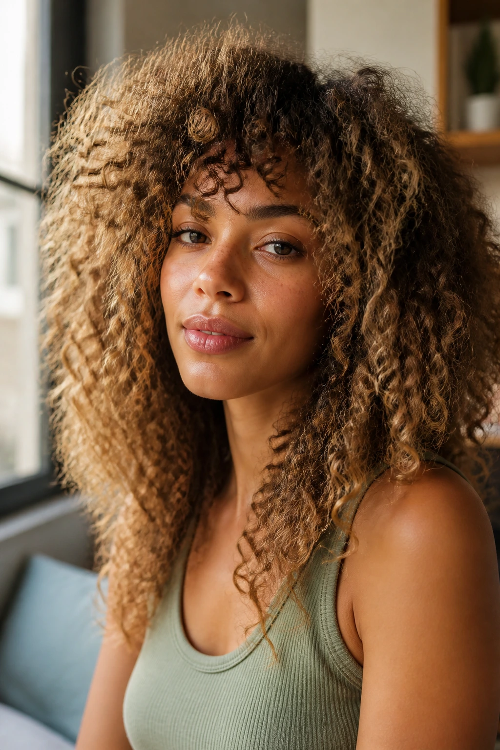 Close-up portrait of a real person with textured frizz-friendly hair showing volume