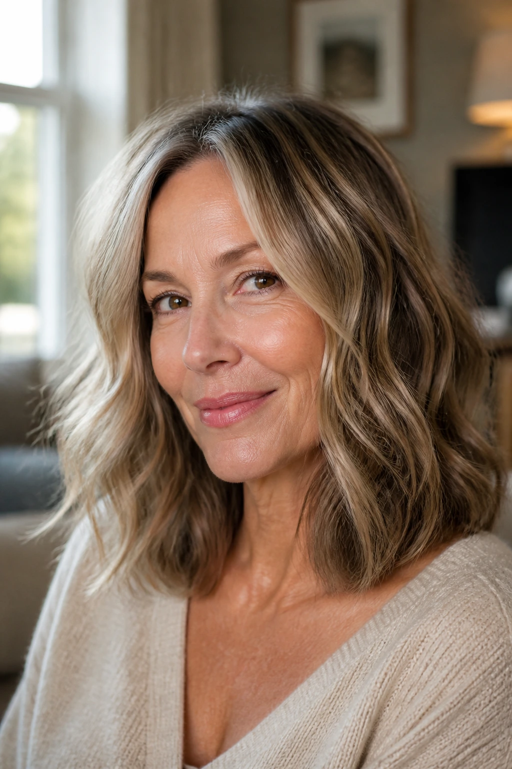 Close-up of a real woman with frizz-friendly wave cut showing blunt perimeter and soft face framing in natural light.