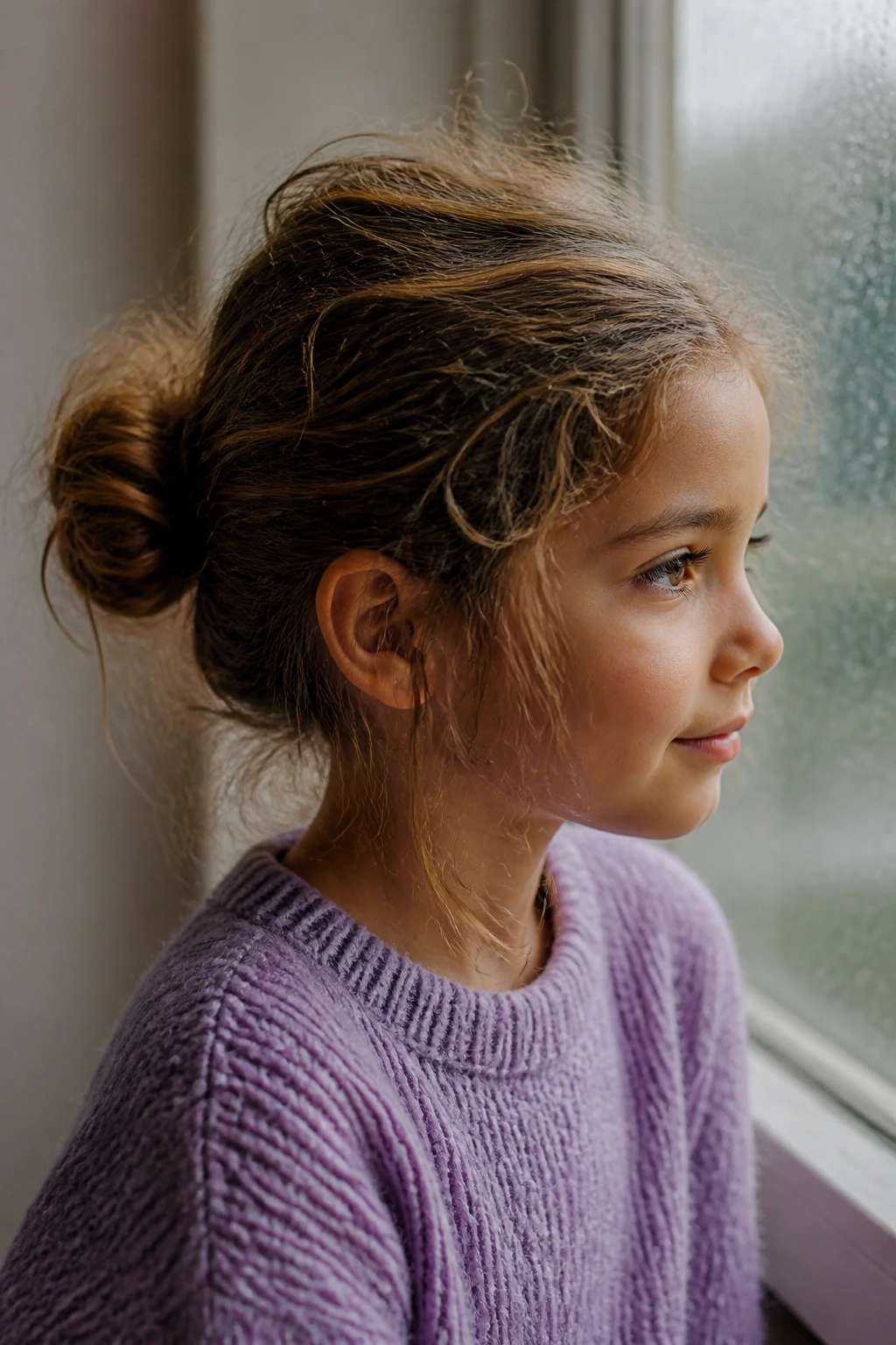Close-up of a girl with a frizzy bun on a rainy day