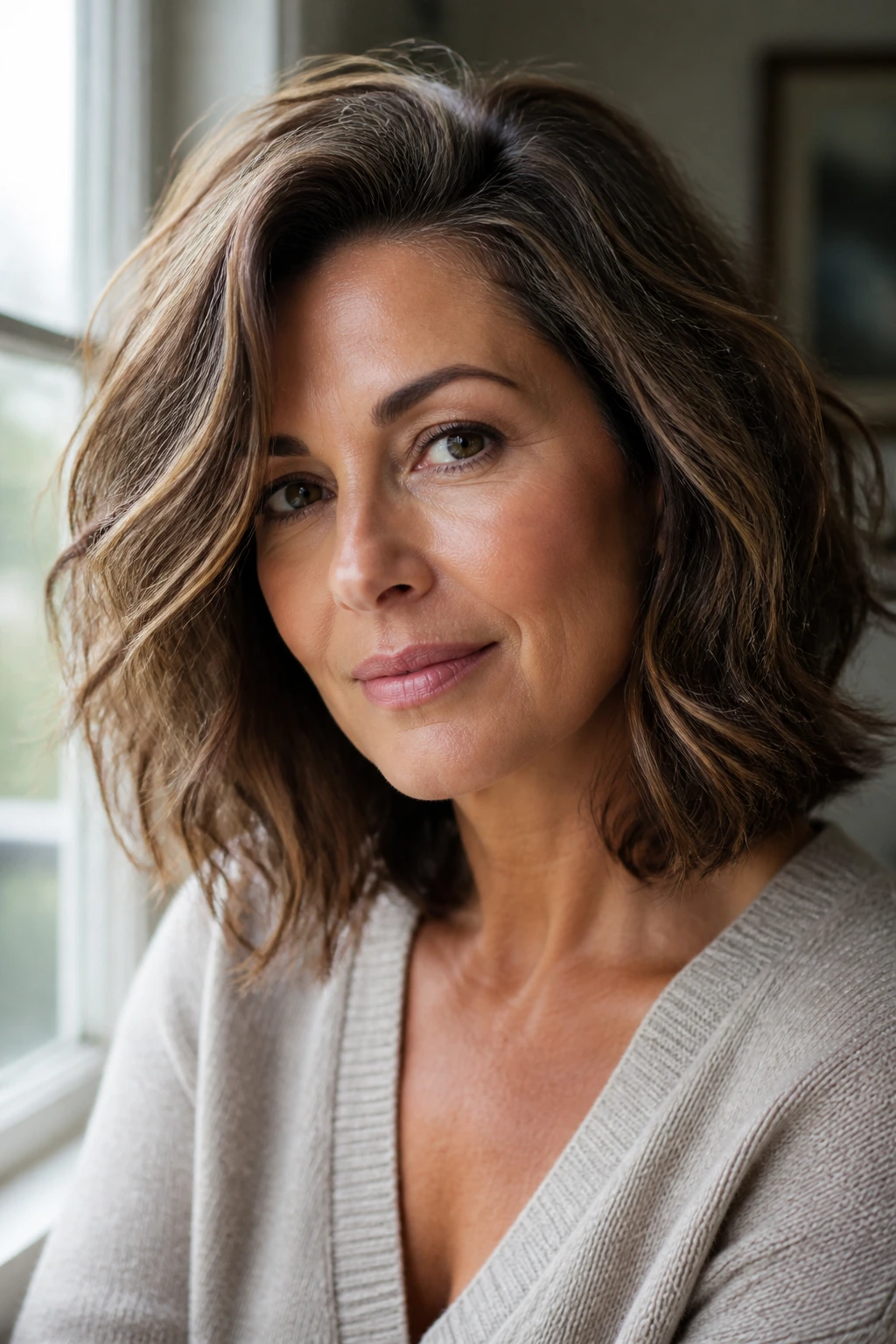 Portrait of a real woman with a tailored frizzy-hair cut following her face shape, side part and crown lift, in natural window light