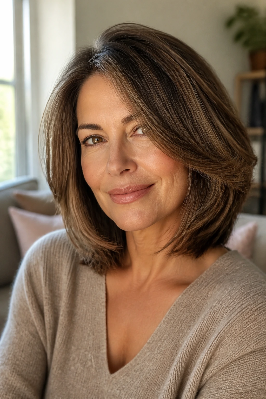 Portrait of a real woman with a softly layered shoulder-length frizzy hairstyle showing weight at the ends in warm living room light