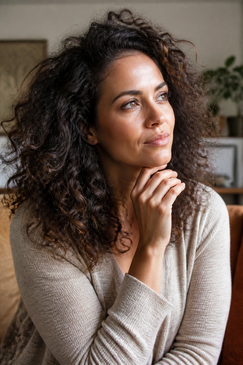 Close-up of a thoughtful woman with thick frizzy hair considering hairstyle options.