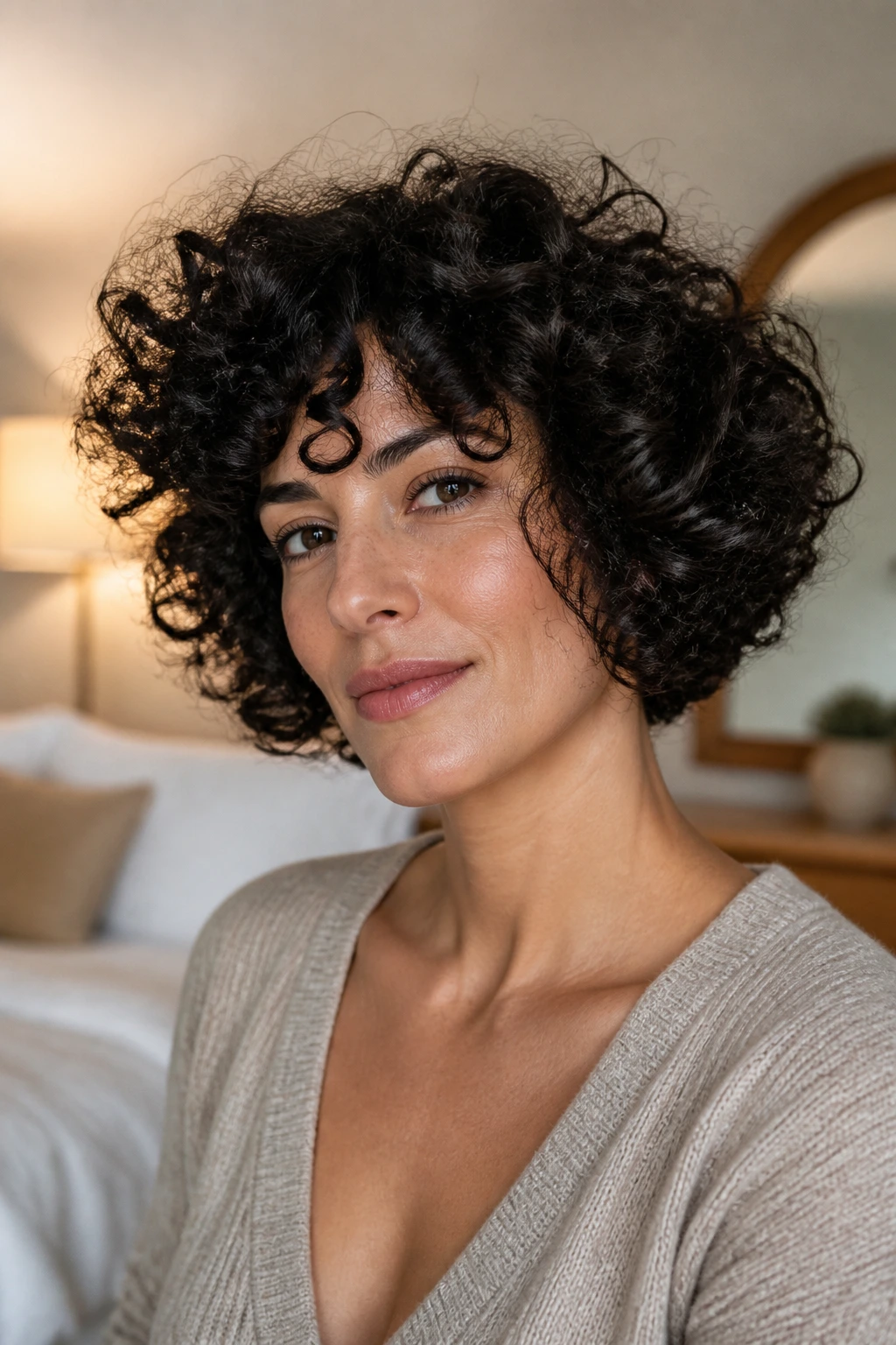 Close-up portrait of a real woman with thick frizzy hair in a short, defined style