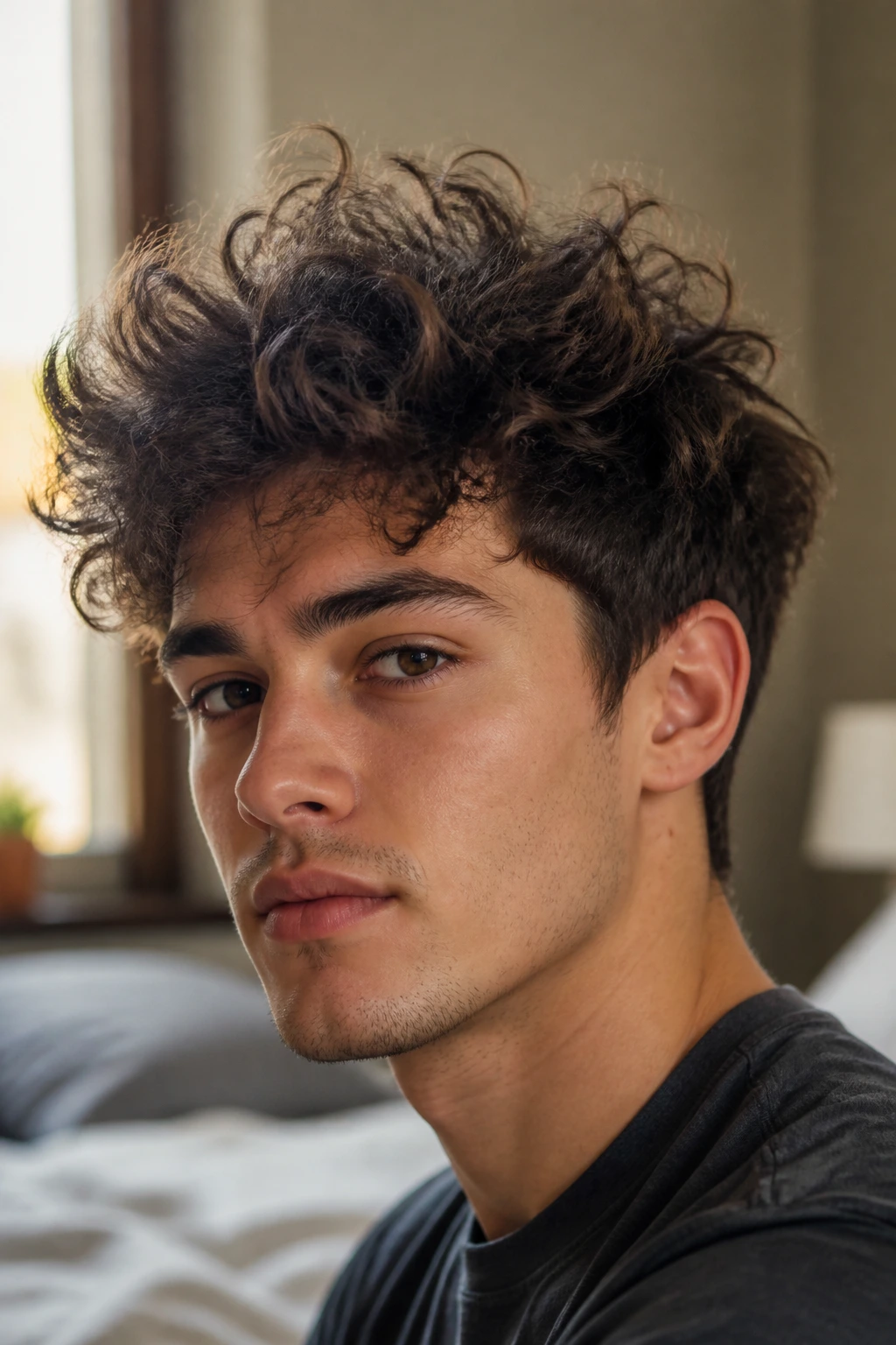 Close-up of a real man with frizzy hair styled into a clean silhouette under warm window light