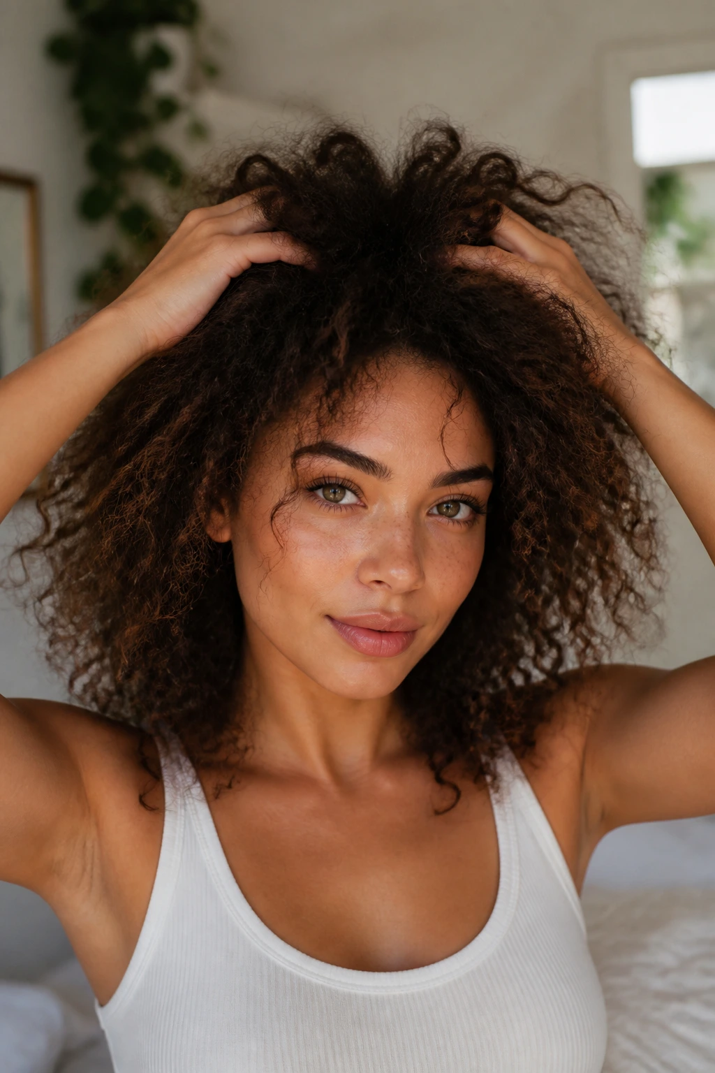 Close-up of a real person with voluminous frizzy hair demonstrating styling technique