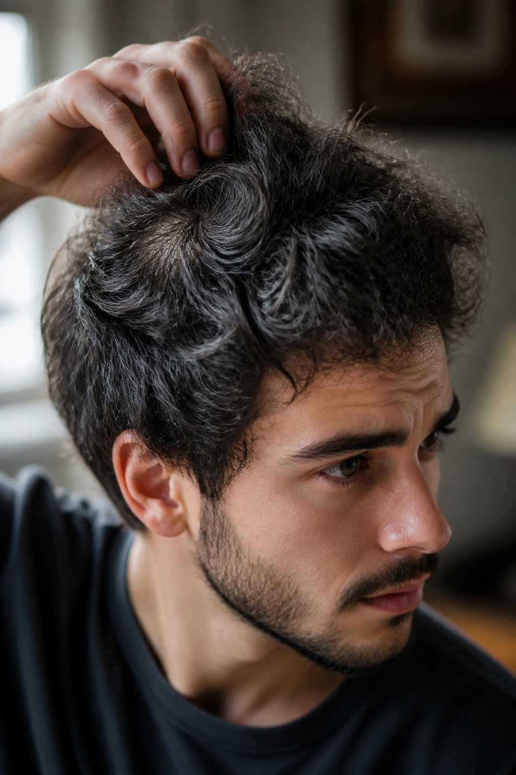 Close-up of a man showing frizz textures and crown swirl under natural light
