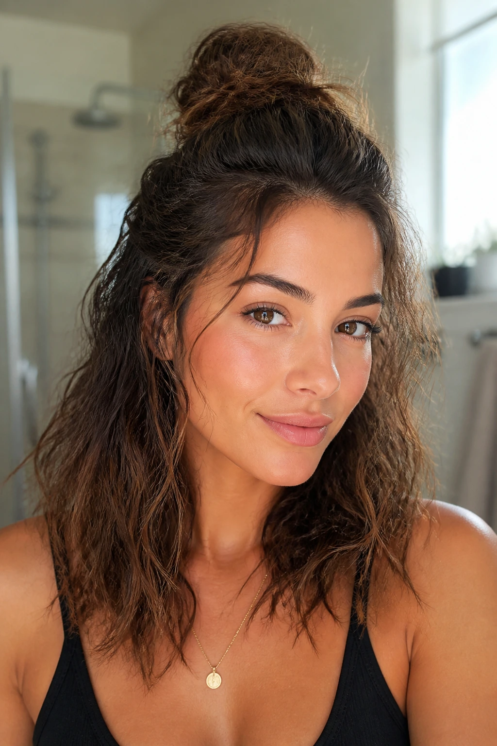Close up of mid-length frizzy hair in a versatile half-up top knot look