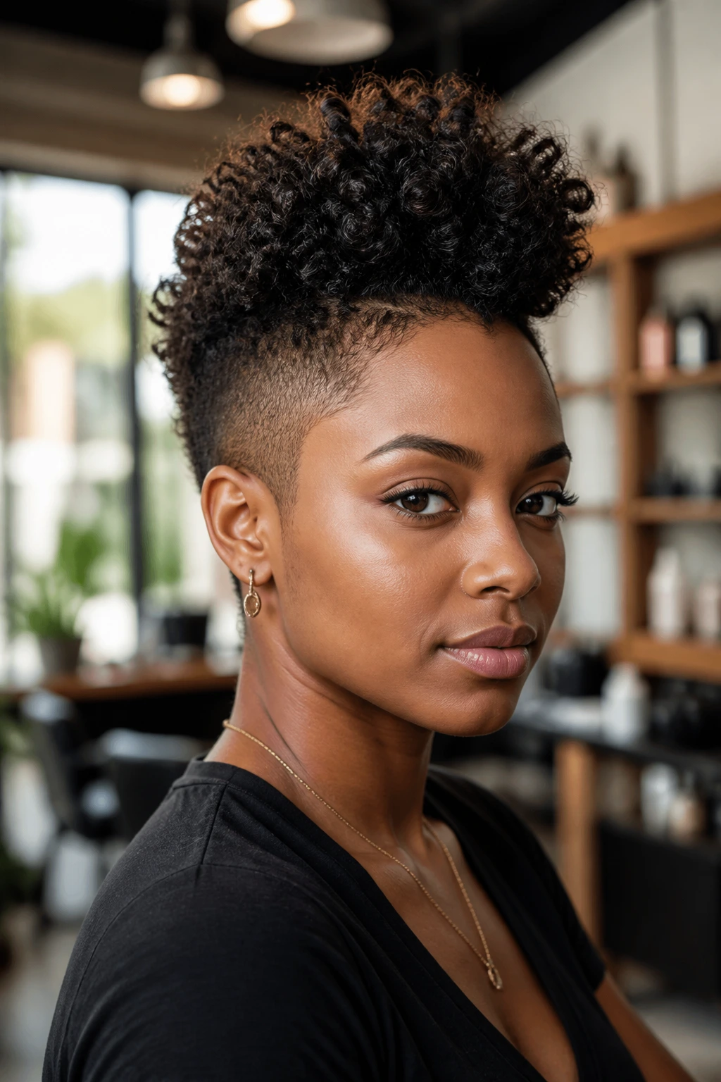 Close-up of rounded frohawk hairstyle on a real person with tapered sides in a salon