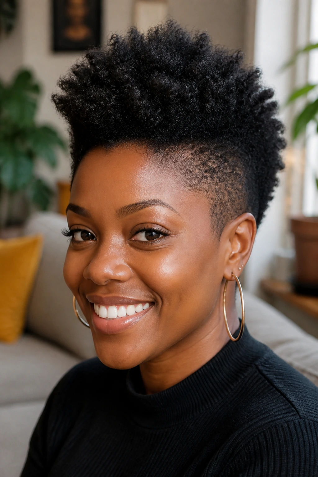 Close-up of a real woman with tapered natural frohawk on 4A-4C hair in a cozy living room