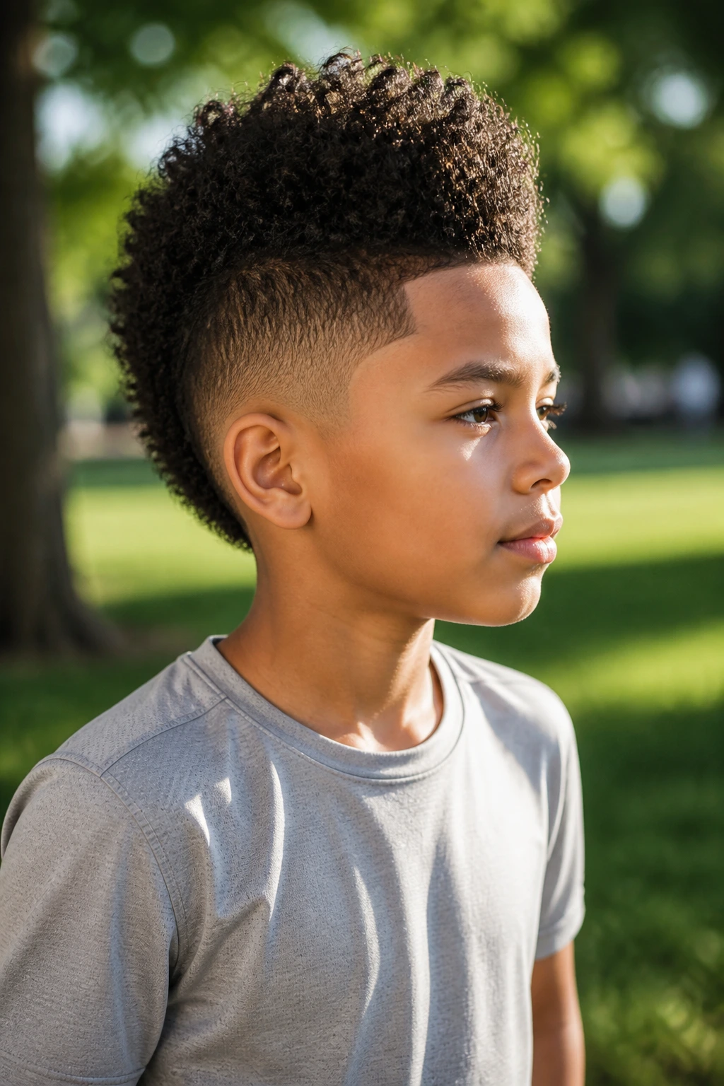 Boy with centered frohawk and tapered sides outdoors