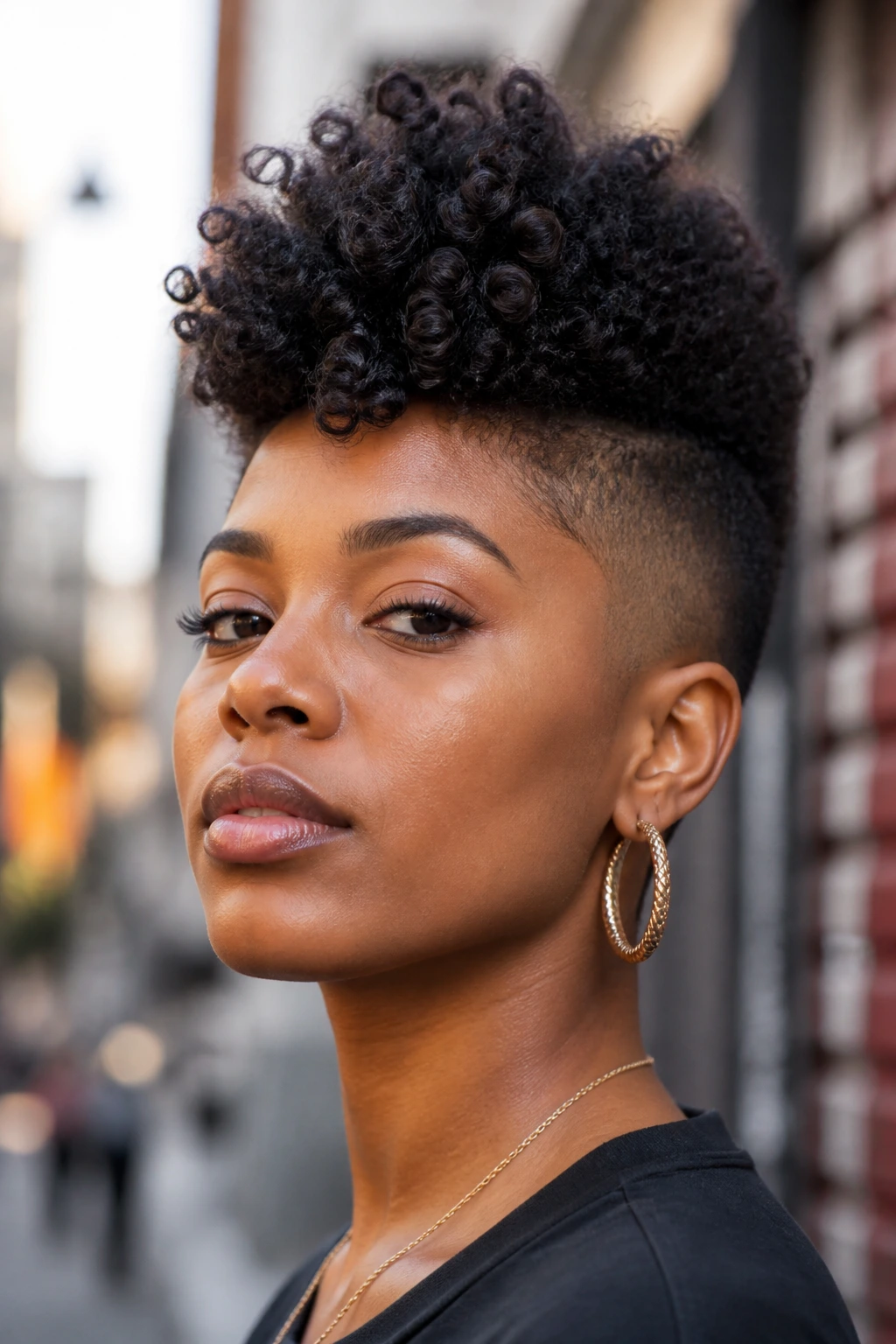 Portrait of a person with a frohawk hairstyle on a city street