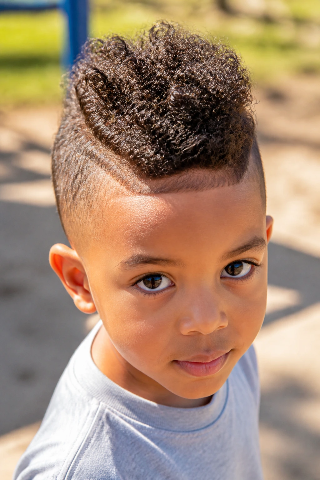 Close-up of a real boy with a frohawk hairstyle in natural sunlight.