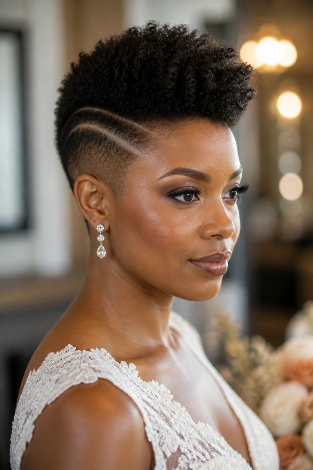 Bride with a tapered frohawk and sculpted sides