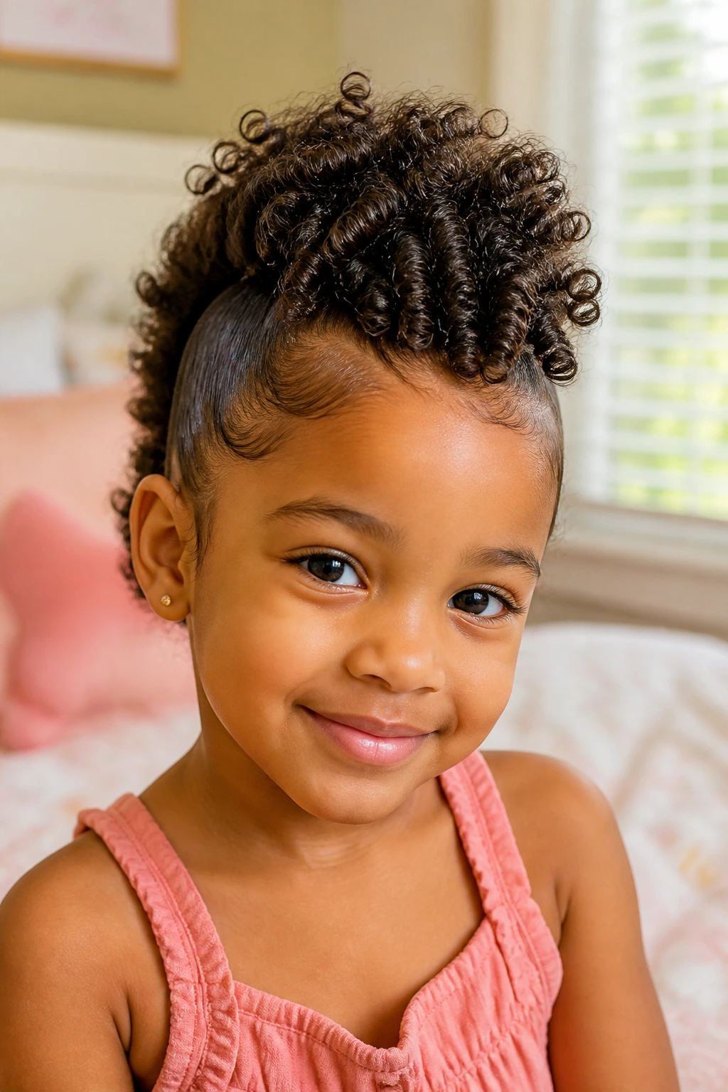 Close-up of a child wearing a curly frohawk with soft sides