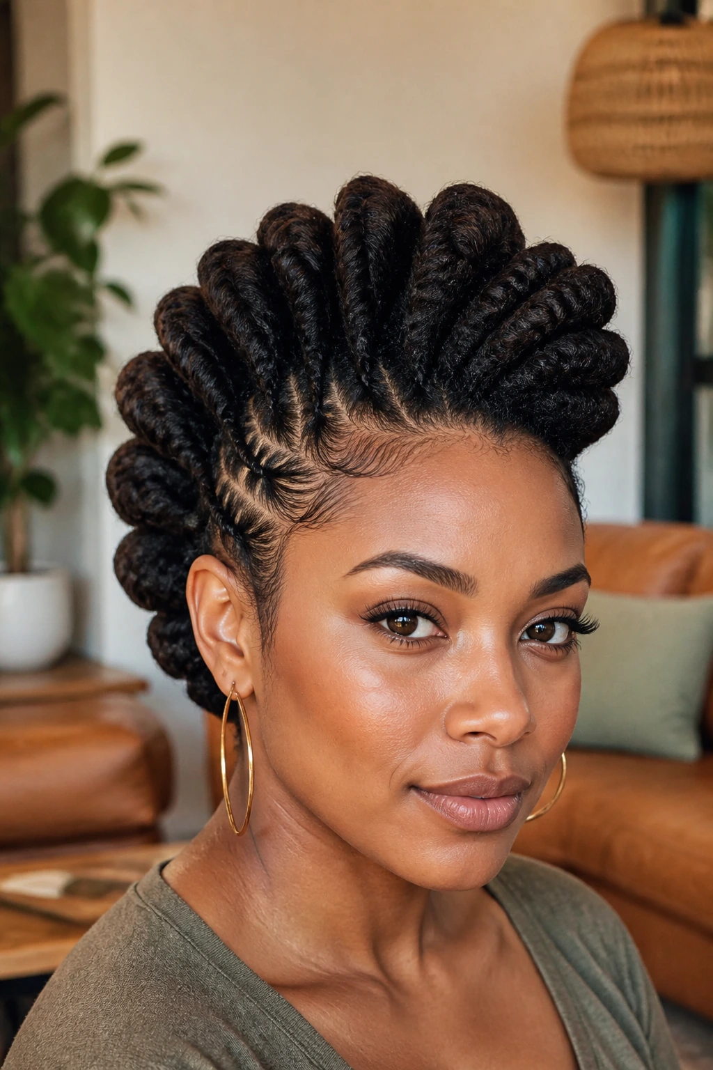 Close-up of real person with chunky twist halo frohawk around the head