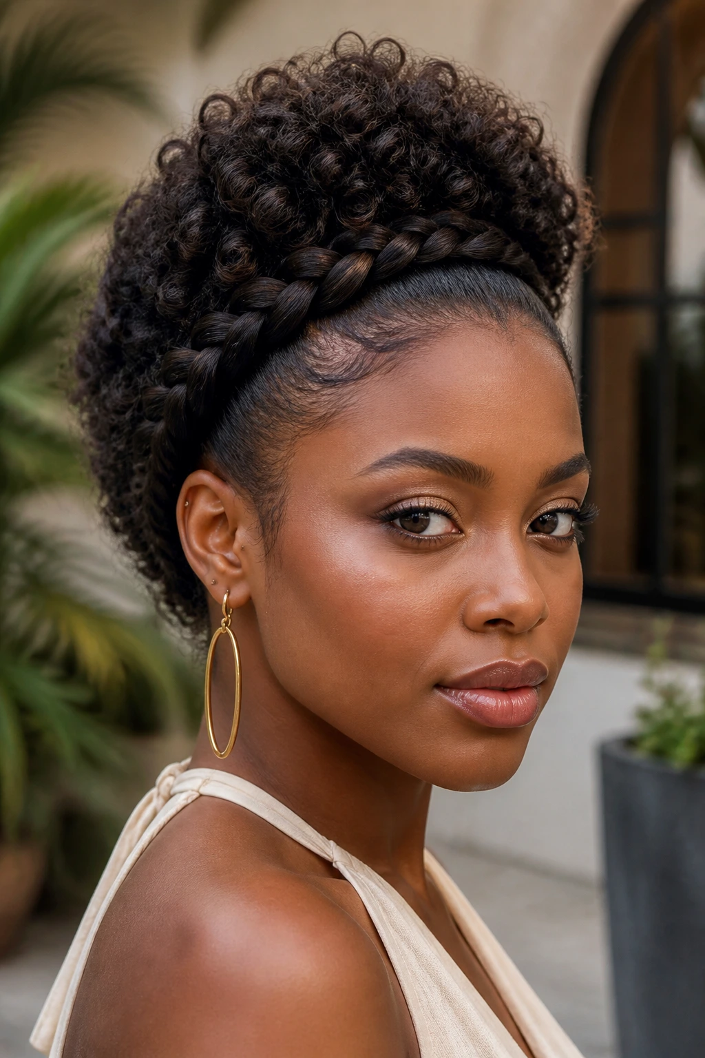 Close-up of real person with crown-braid frohawk framing the center