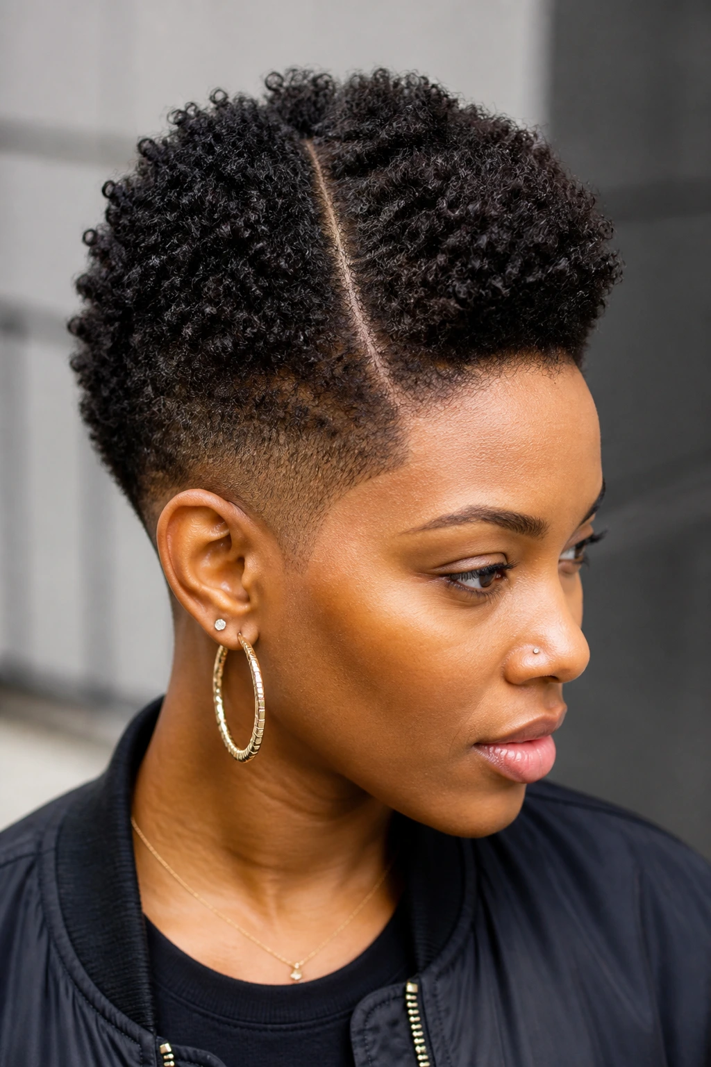 Portrait of a person with a tapered frohawk and crown part