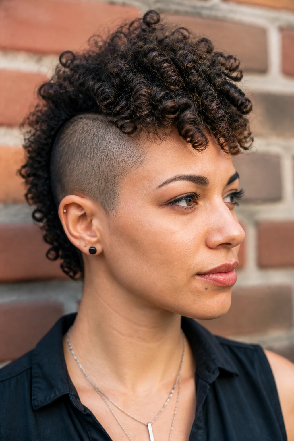 Portrait of a real woman with curly frohawk and buzzed sides.