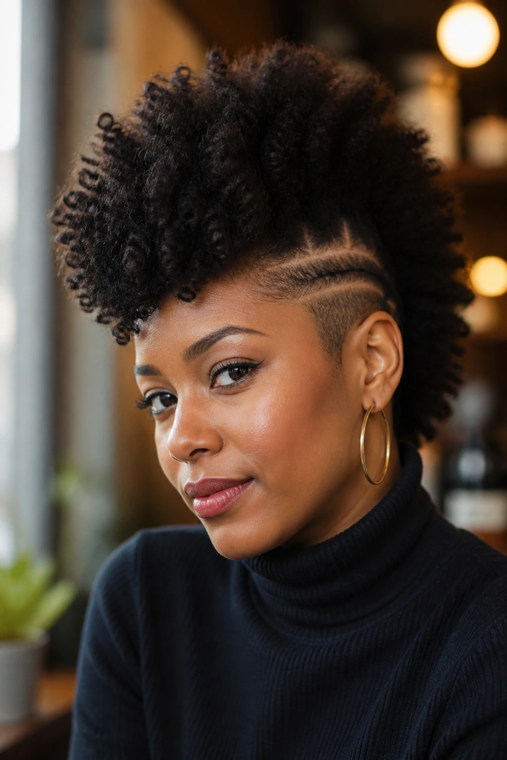 Real person with a tall frohawk demonstrating the silhouette on curly natural hair
