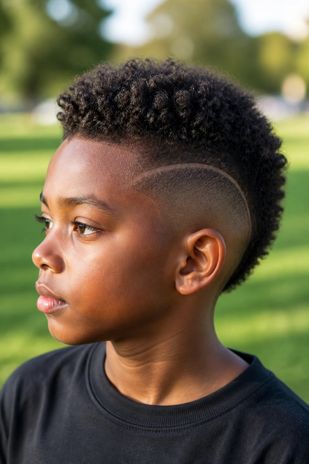 Portrait of a real Black boy with a frohawk and curved fade in a park