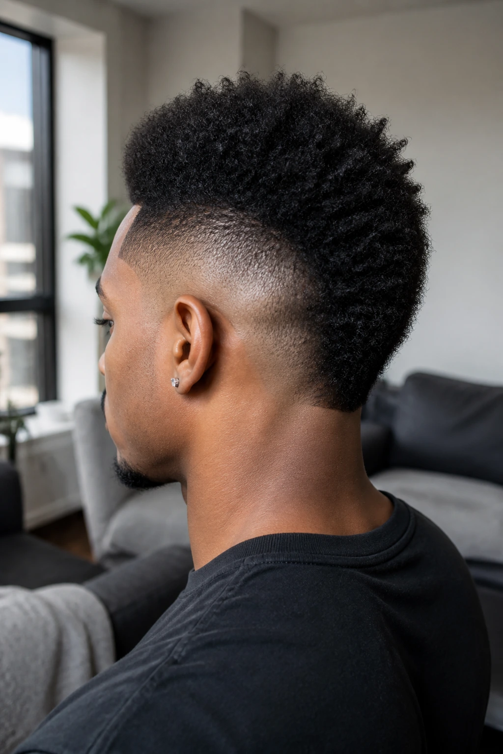 Close-up of a real person with a frohawk and clean nape fade in a home setting.