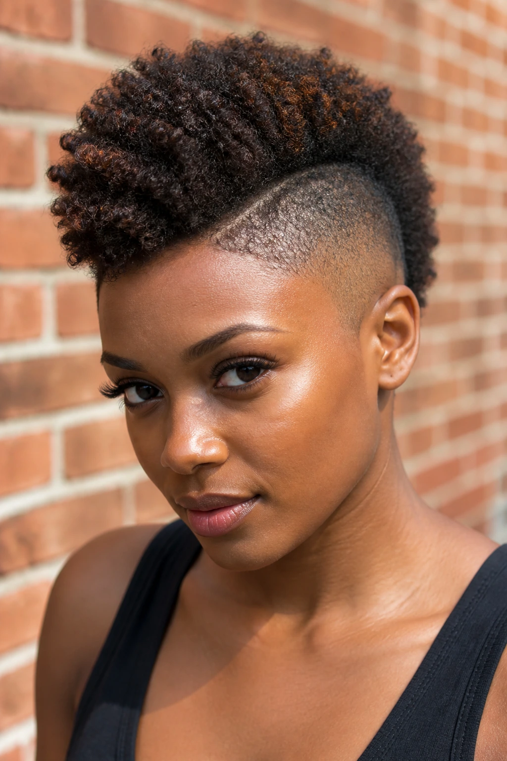 Close-up of a Black woman with a frohawk and faded sides outdoors