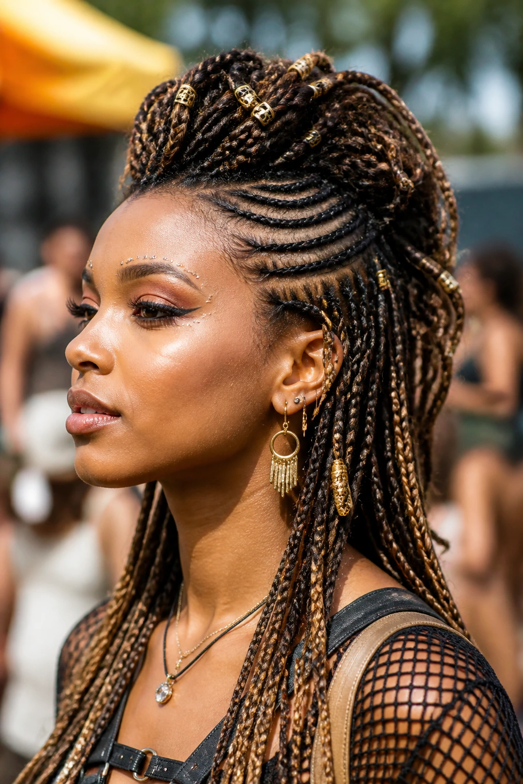 Portrait of a woman with festival-ready multi-braid frohawk featuring beads.