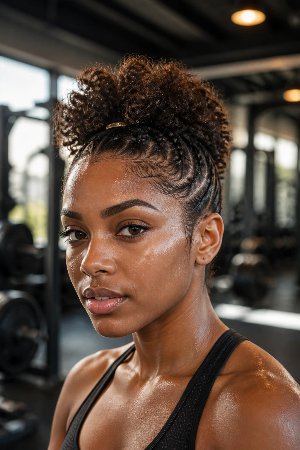Close-up of a real person with a gym-ready frohawk, sides pinned and center secured